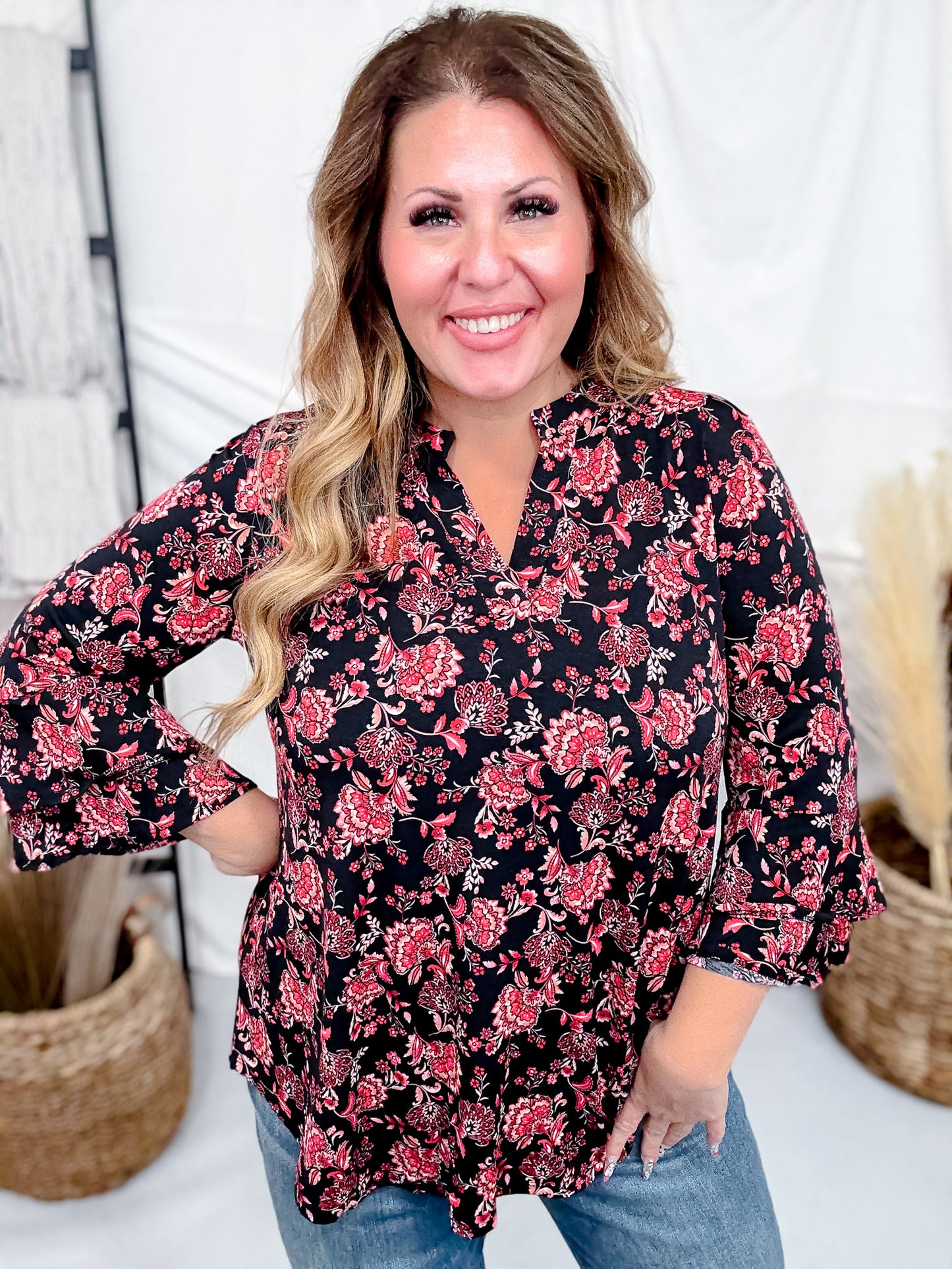 Black and Pink Floral Lizzy Top With 3/4 Tiered Bell Sleeves