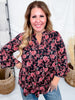 Black and Pink Floral Lizzy Top With 3/4 Tiered Bell Sleeves