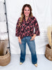 Black and Pink Floral Lizzy Top With 3/4 Tiered Bell Sleeves