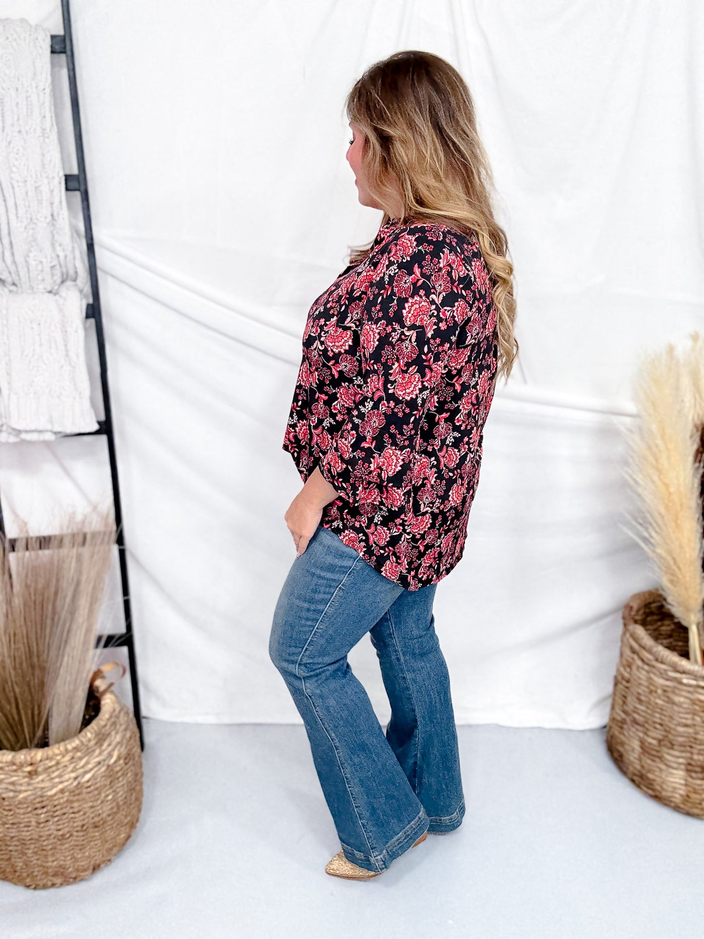 Black and Pink Floral Lizzy Top With 3/4 Tiered Bell Sleeves