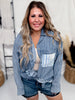 Mixed Material Button Front Long Sleeve Top