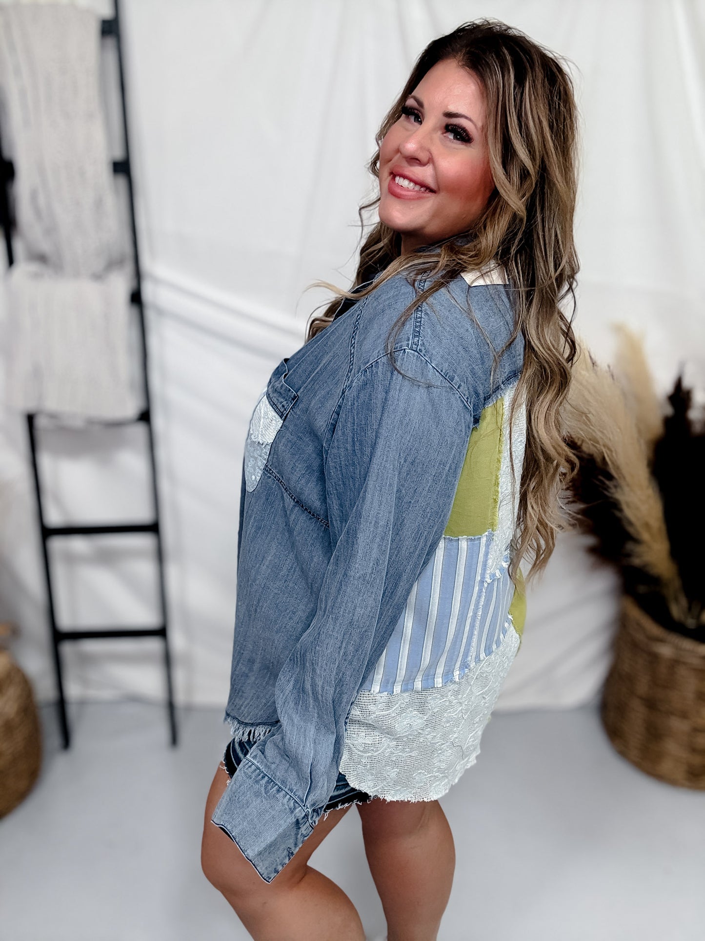 Mixed Material Button Front Long Sleeve Top