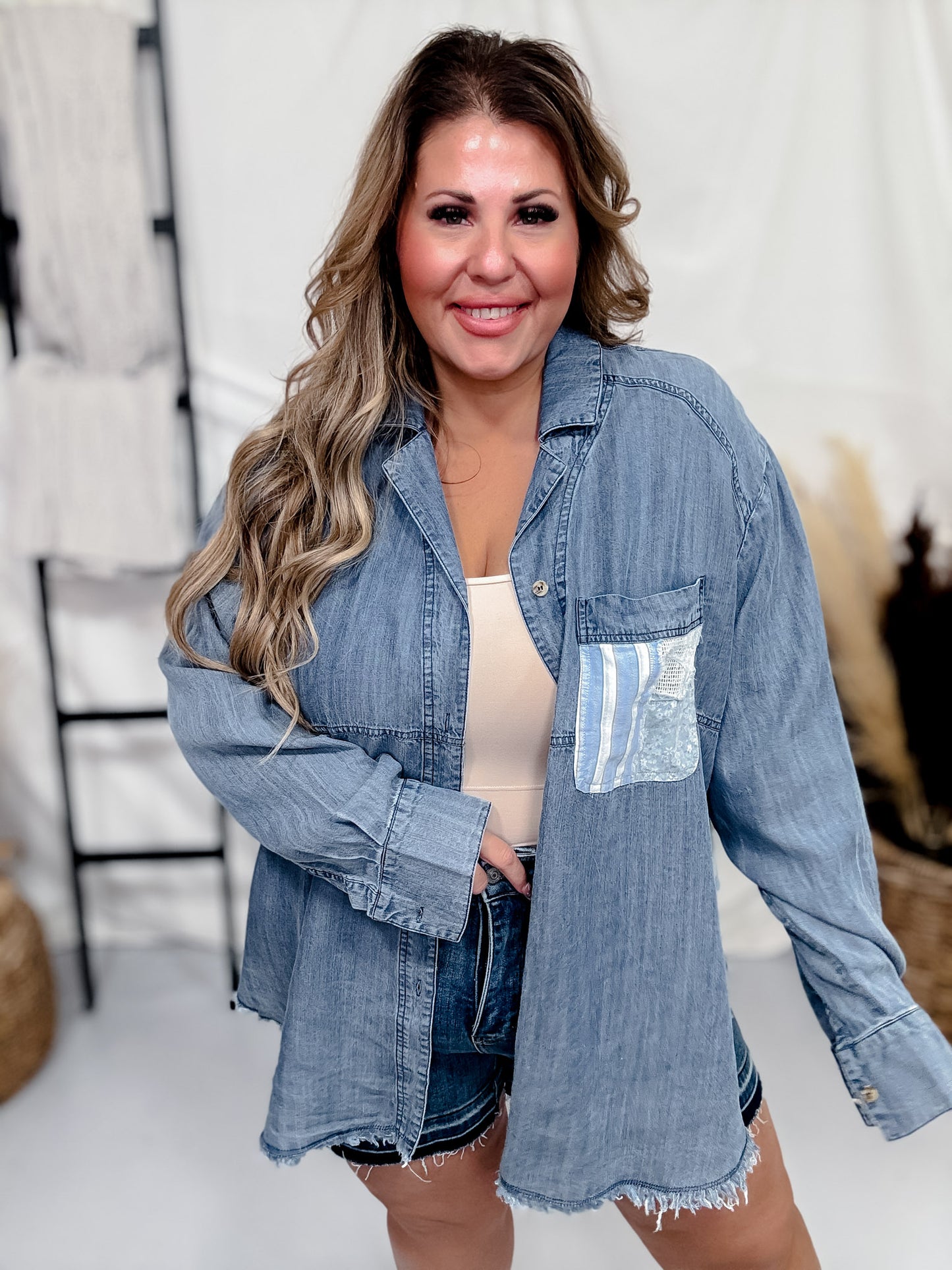 Mixed Material Button Front Long Sleeve Top
