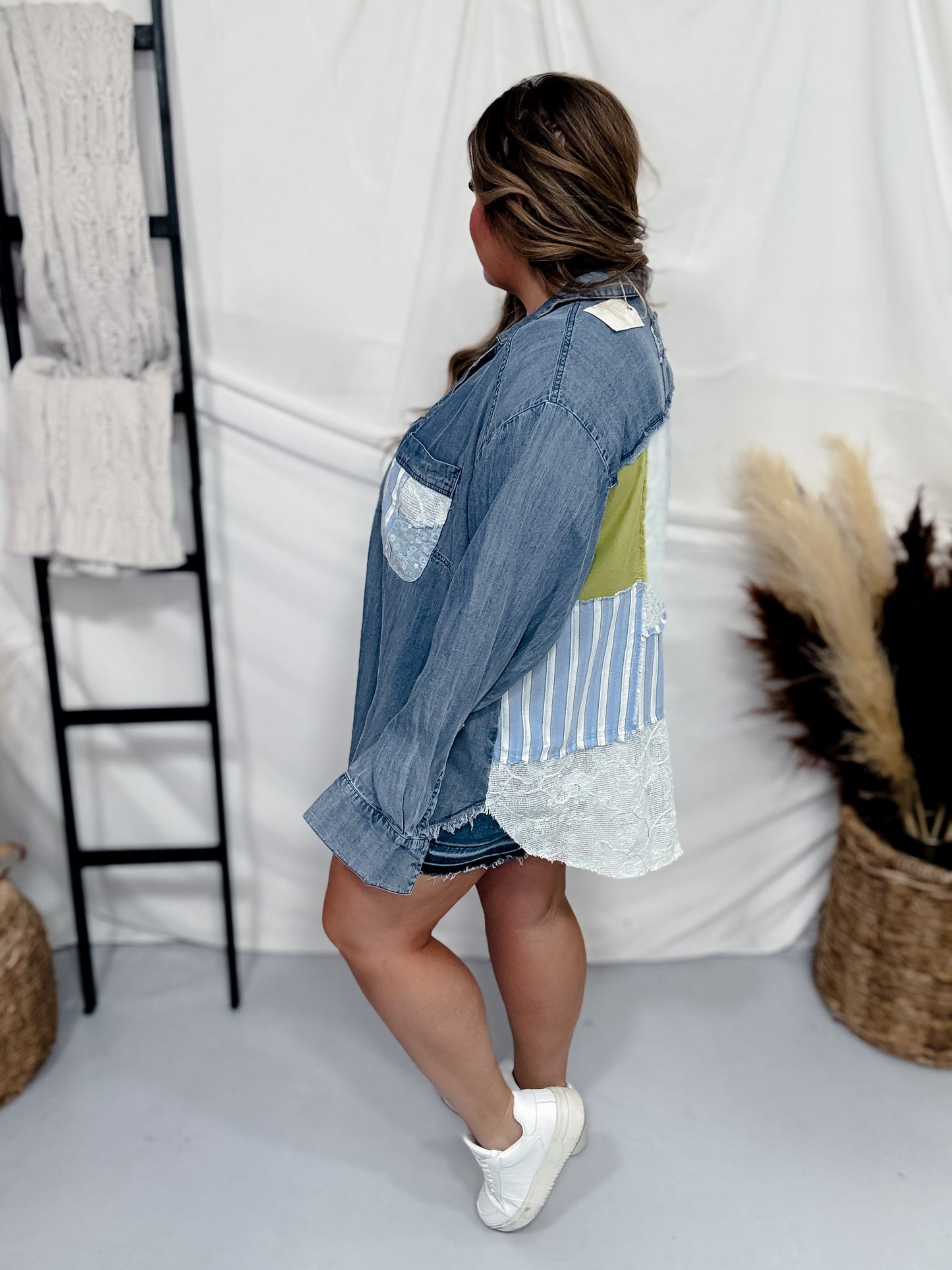 Mixed Material Button Front Long Sleeve Top