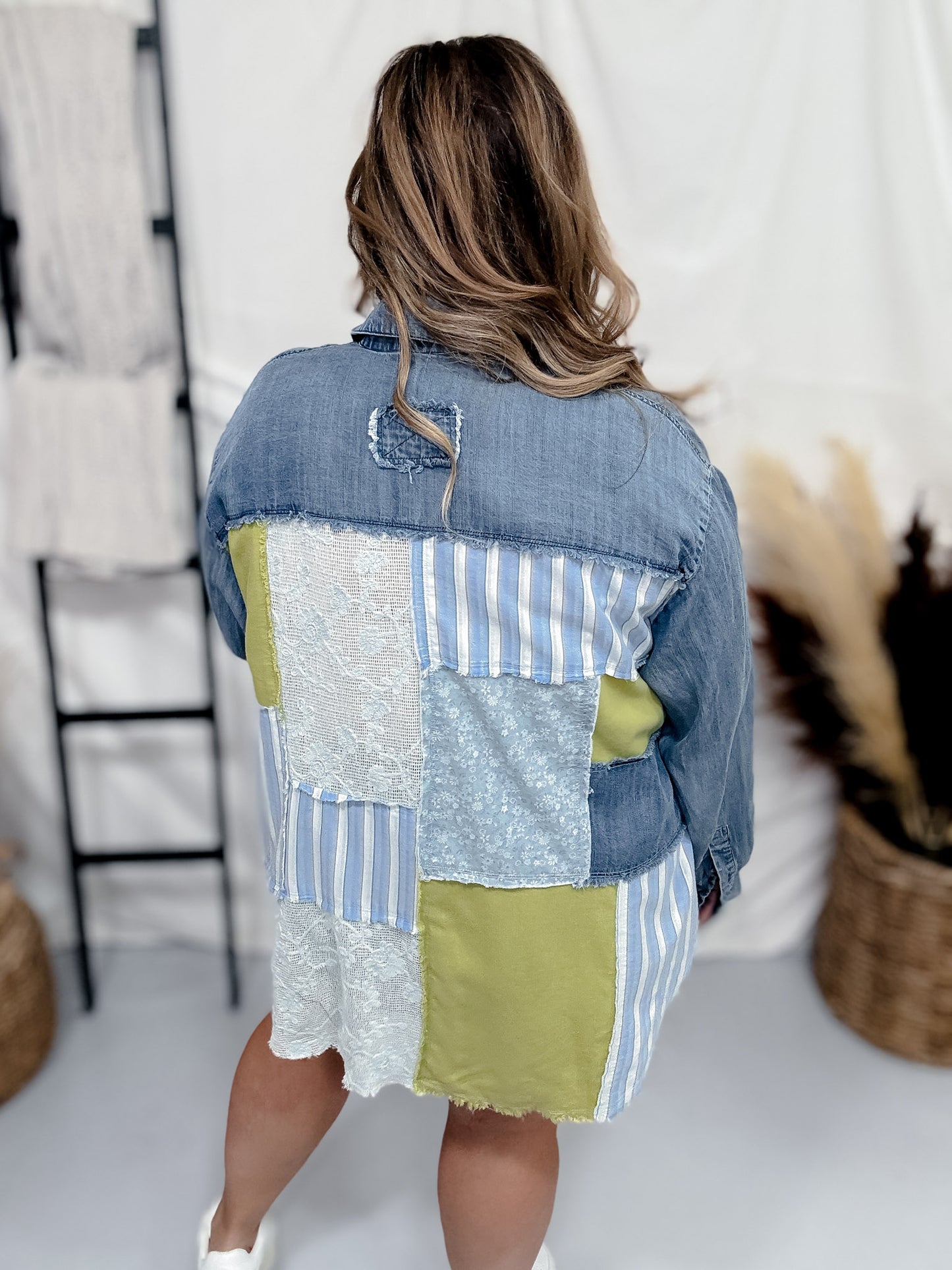 Mixed Material Button Front Long Sleeve Top