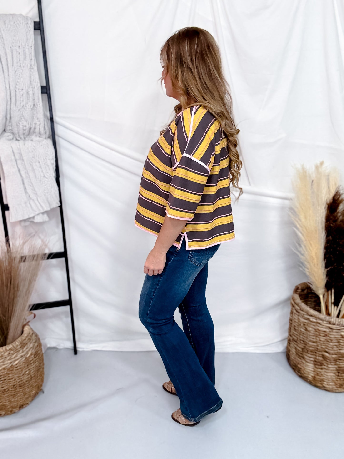 Mustard & Brown Striped Short Sleeve Top