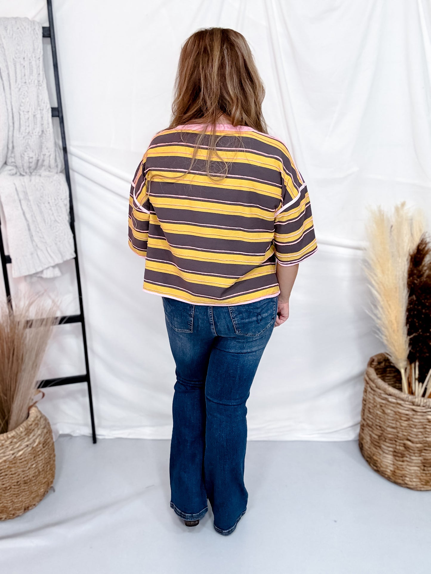 Mustard & Brown Striped Short Sleeve Top
