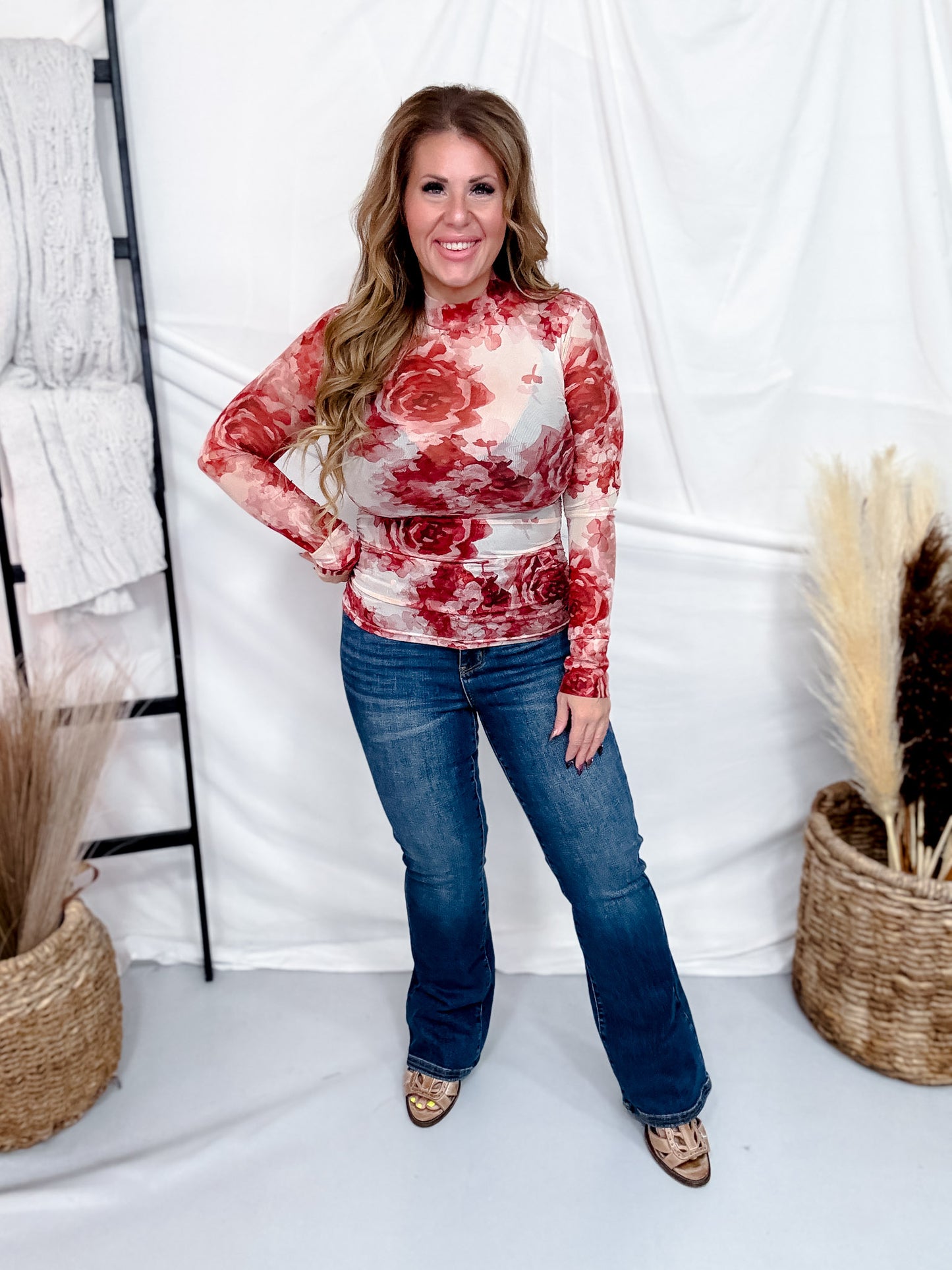Long Sleeve Floral Mesh Top