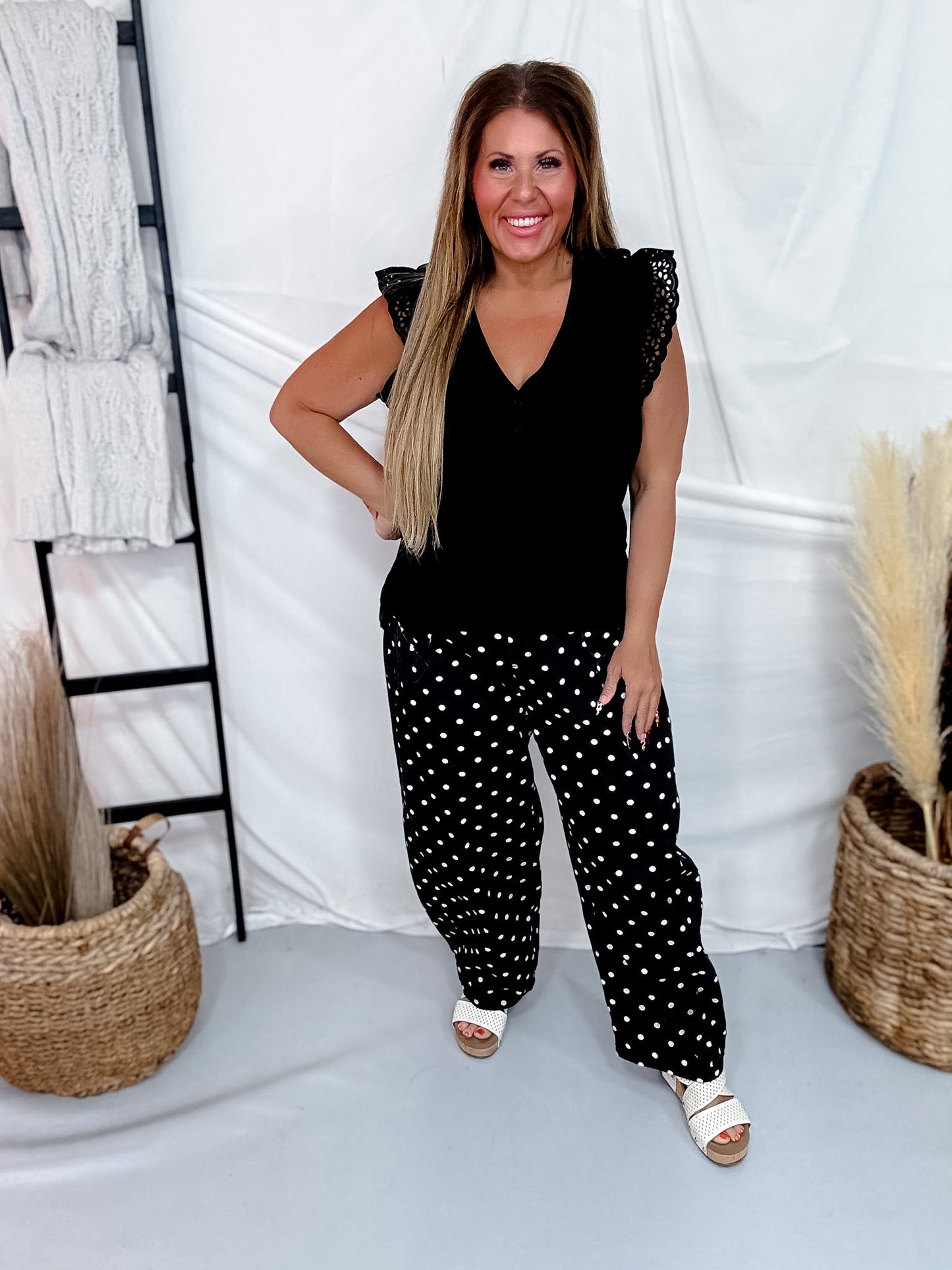 Black V-Neck Tank Top With Ruffled Eyelet Trim