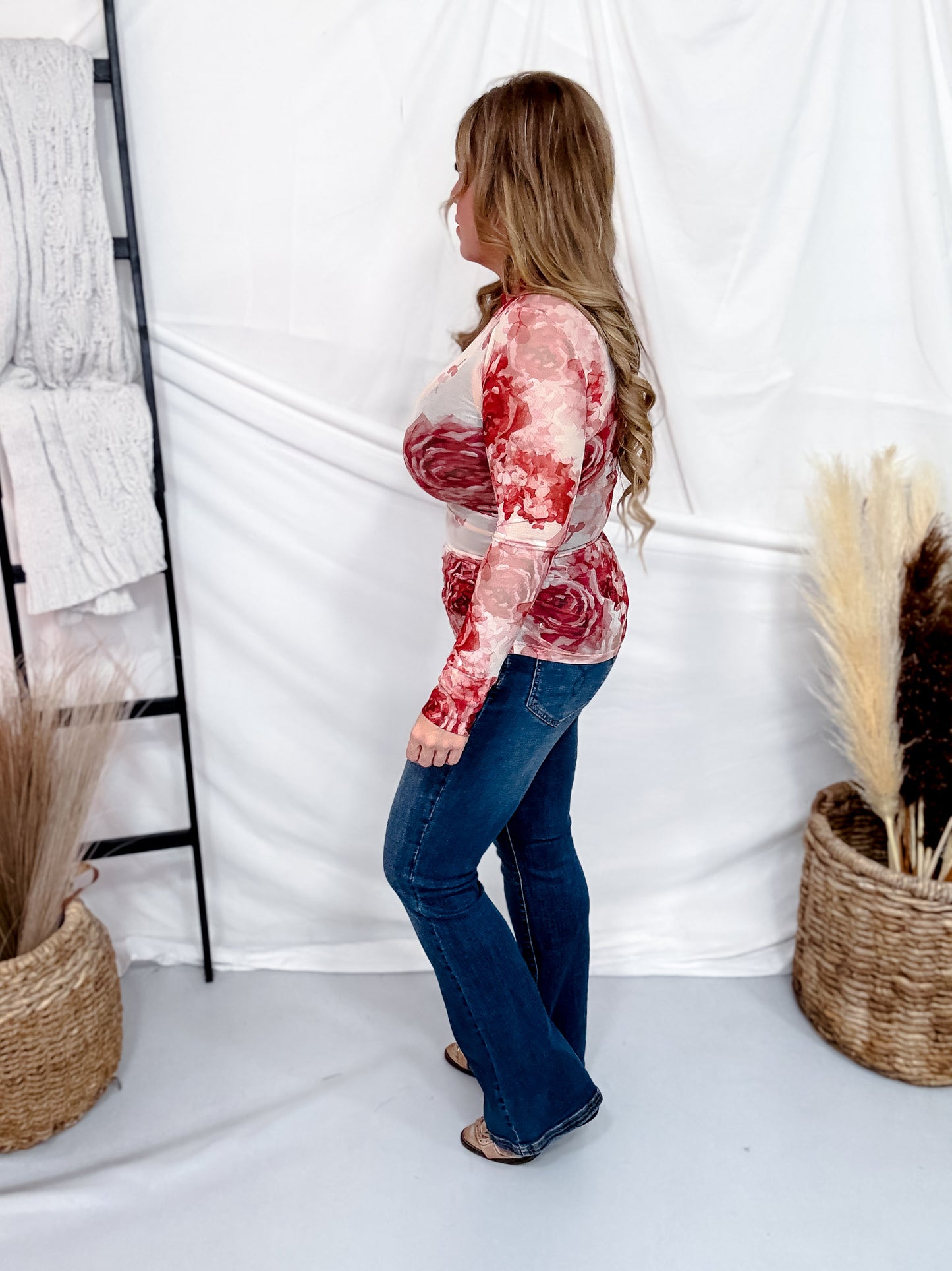 Long Sleeve Floral Mesh Top