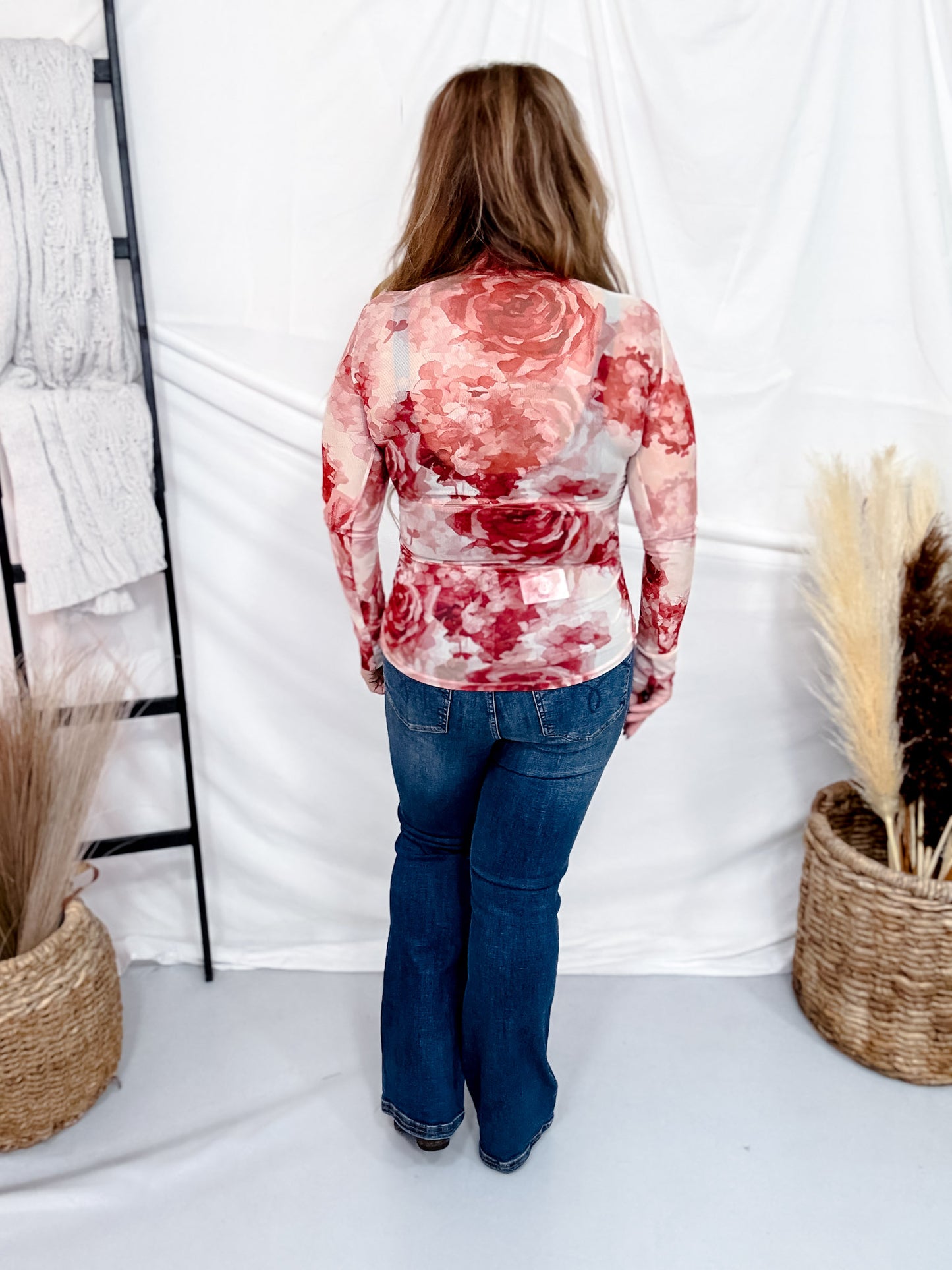 Long Sleeve Floral Mesh Top