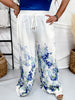 White Wide Leg Lounge Pants With Blue Floral Border