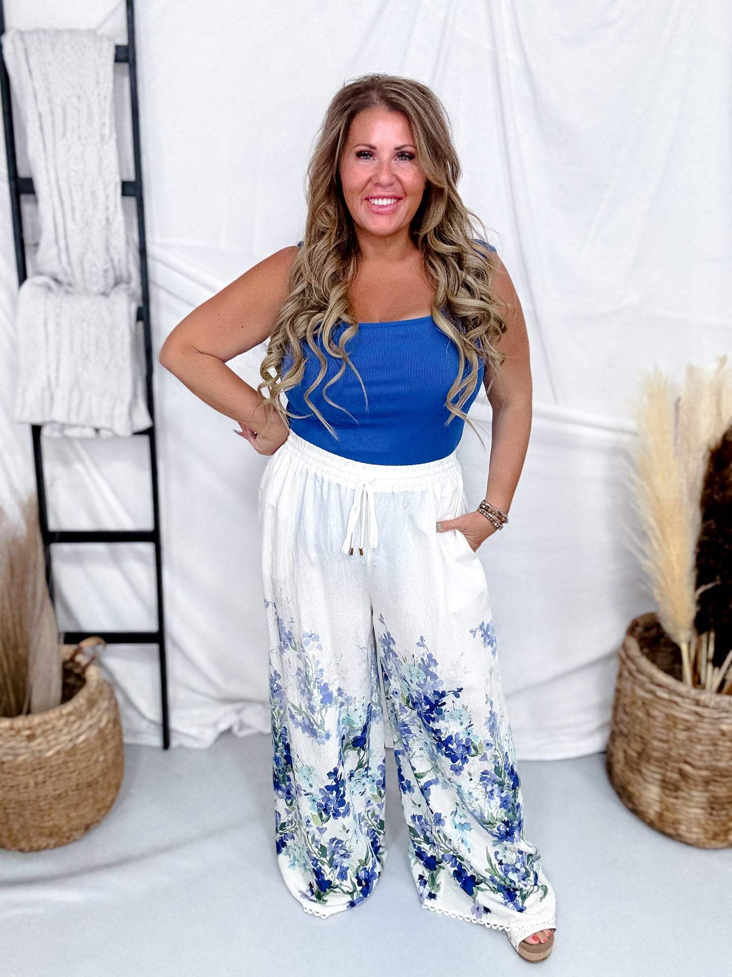 White Wide Leg Lounge Pants With Blue Floral Border