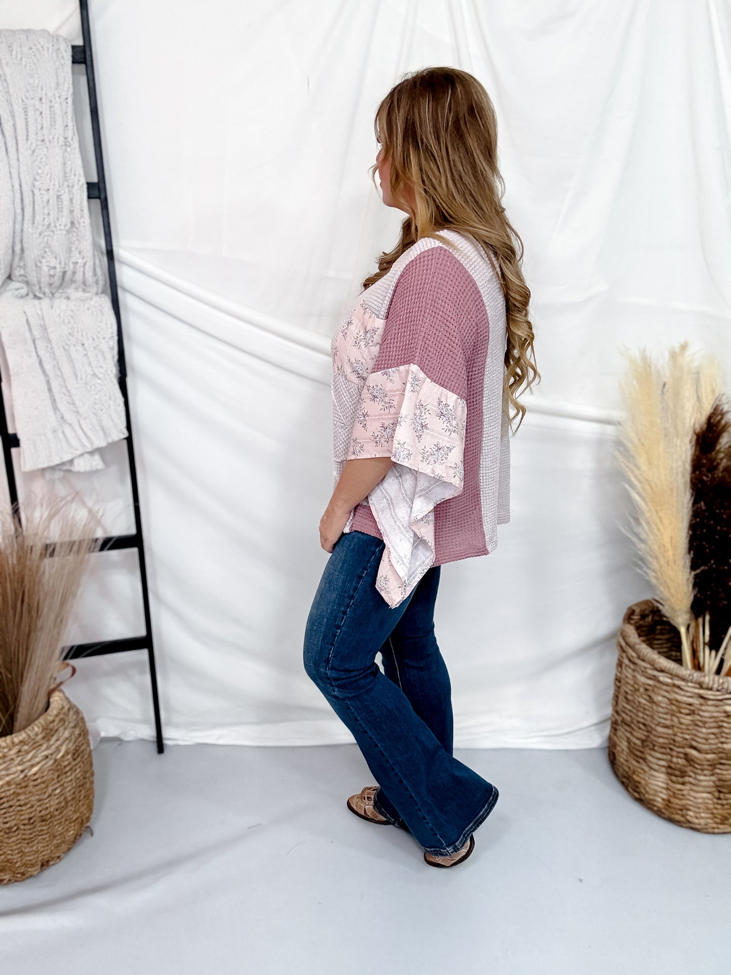 Pink & Taupe Waffle Knit Top With Floral Appliques