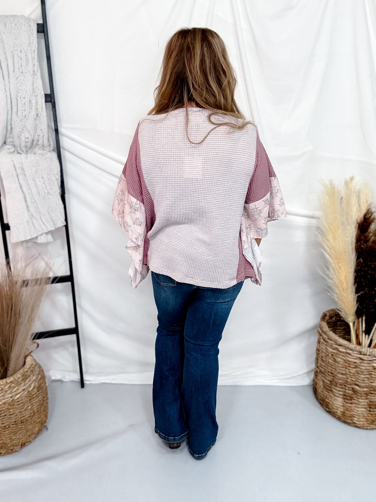Pink & Taupe Waffle Knit Top With Floral Appliques