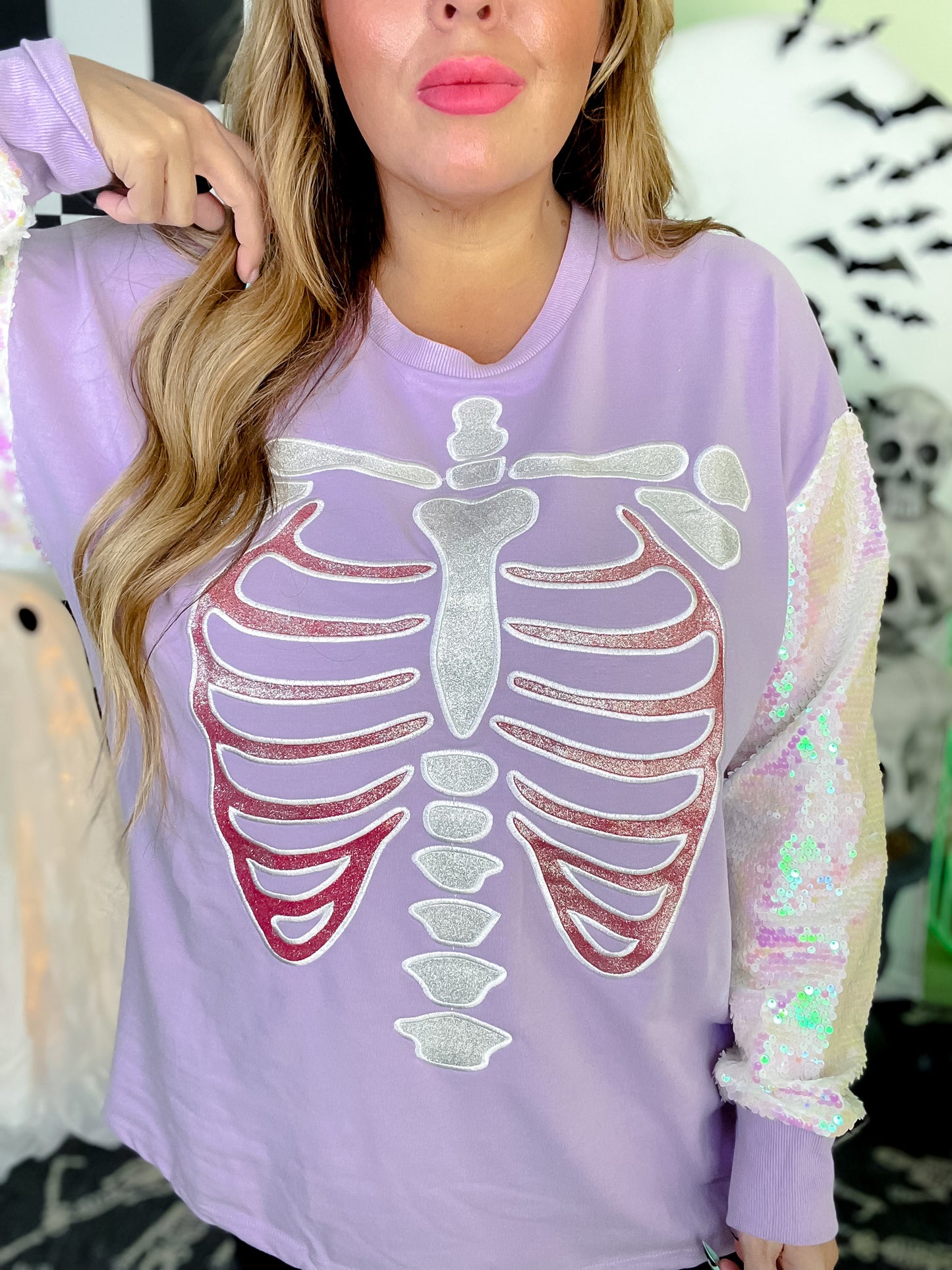 Long Sleeve Sequin Sleeve Glitter Skeleton Print Top