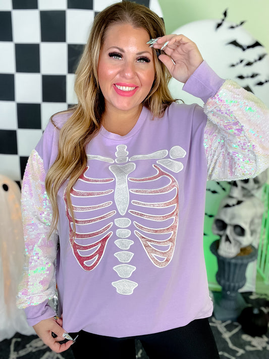 Long Sleeve Sequin Sleeve Glitter Skeleton Print Top