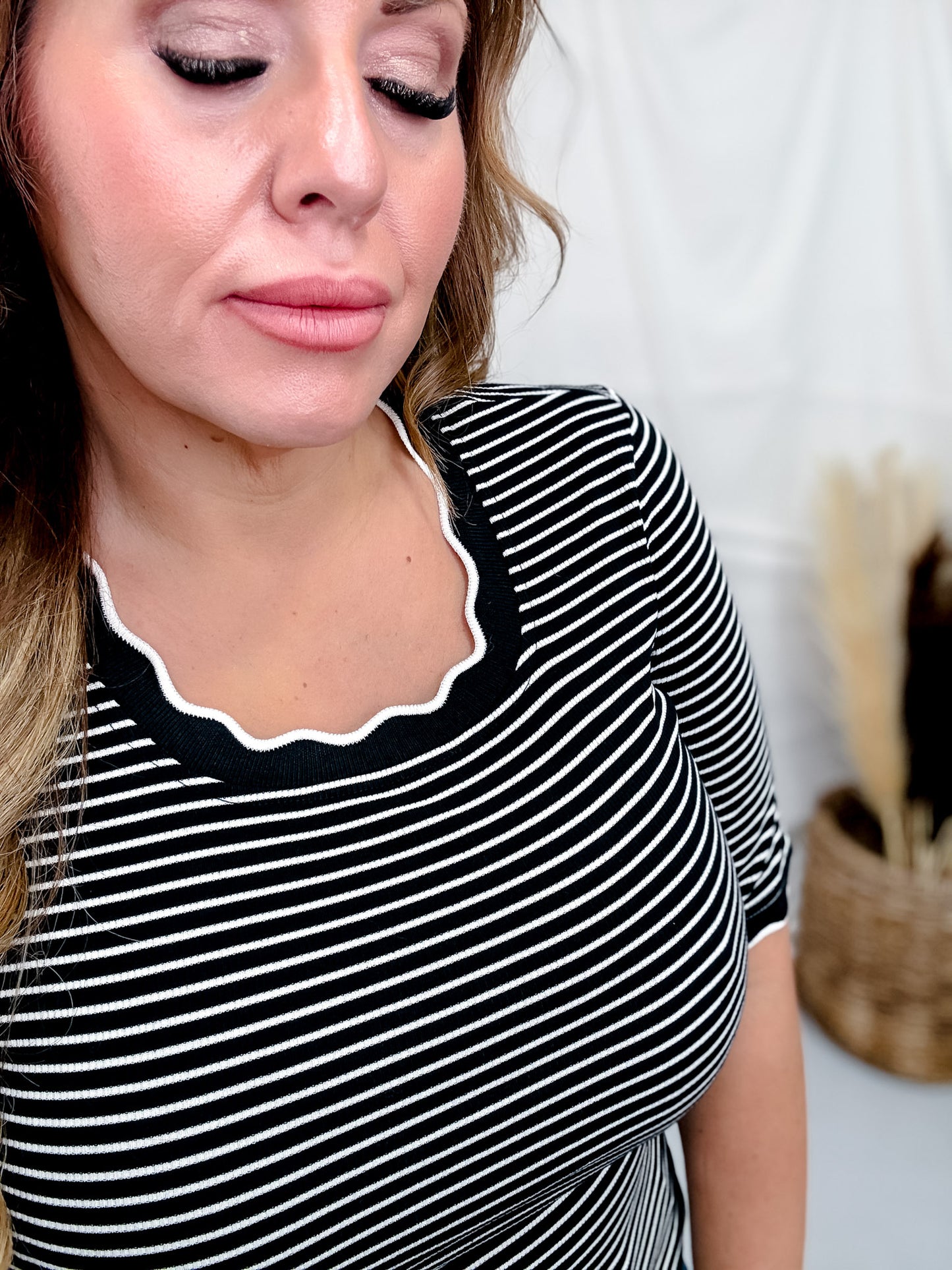 Black & Ivory Striped Ribbed Knit Top With Scalloped Trim