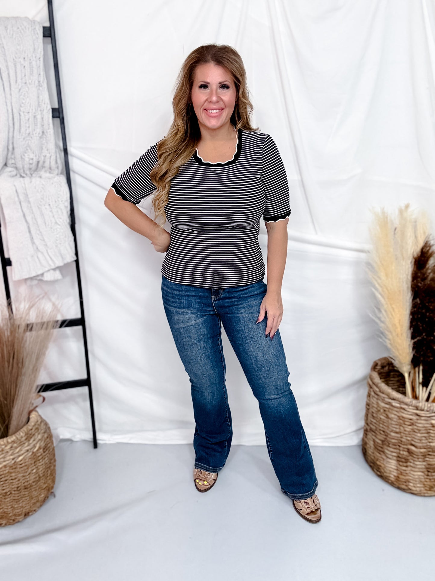 Black & Ivory Striped Ribbed Knit Top With Scalloped Trim