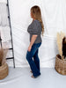 Black & Ivory Striped Ribbed Knit Top With Scalloped Trim