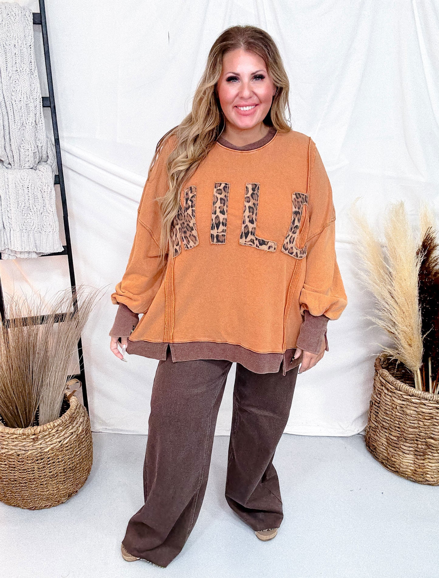 Orange And Leopard Print "Wild" Washed Terry Pullover