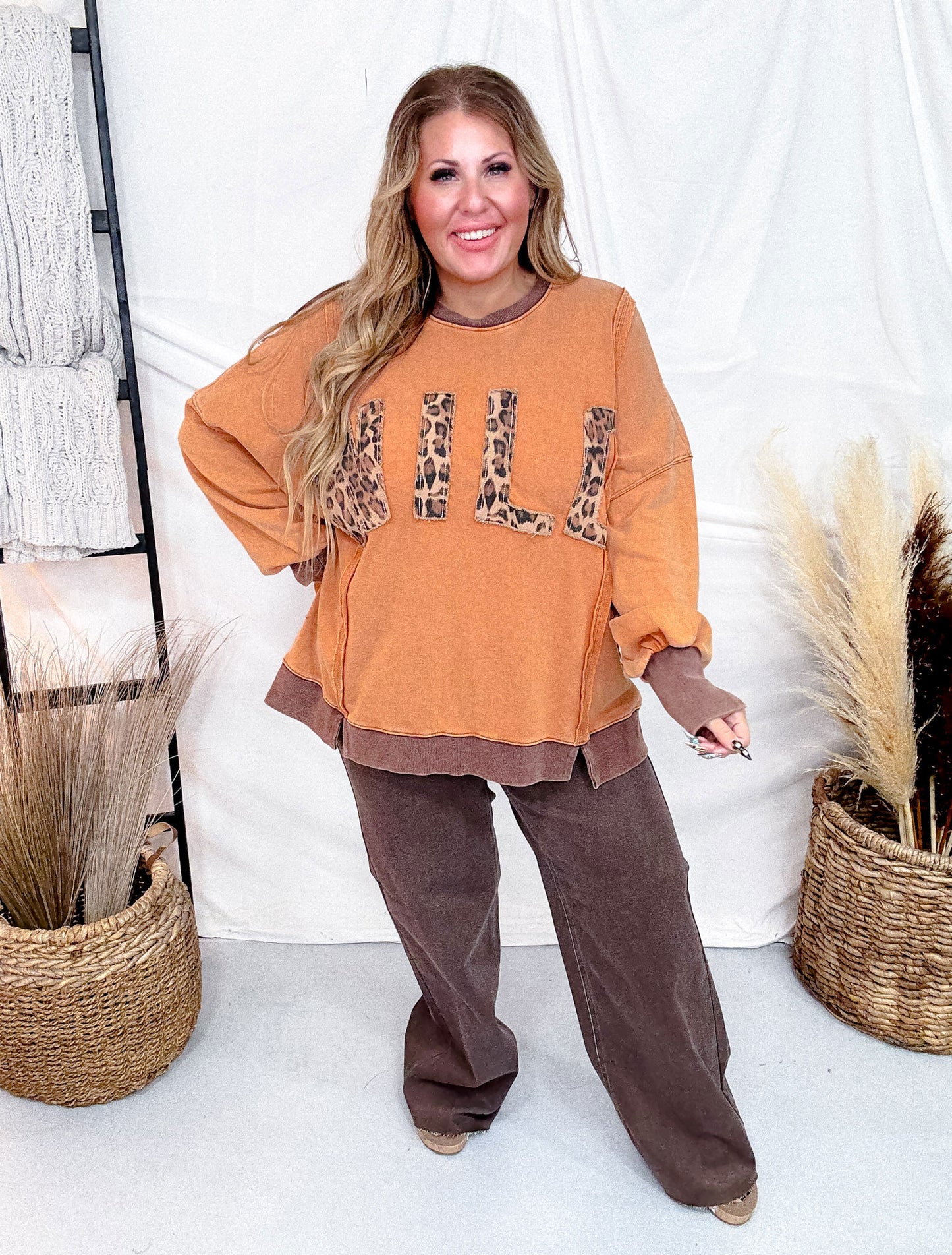 Orange And Leopard Print "Wild" Washed Terry Pullover