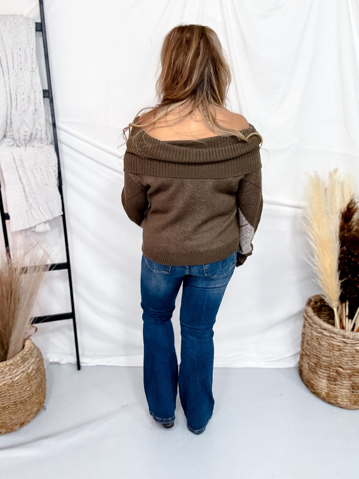 Olive Green Off The Shoulder Argyle Pattern Sweater