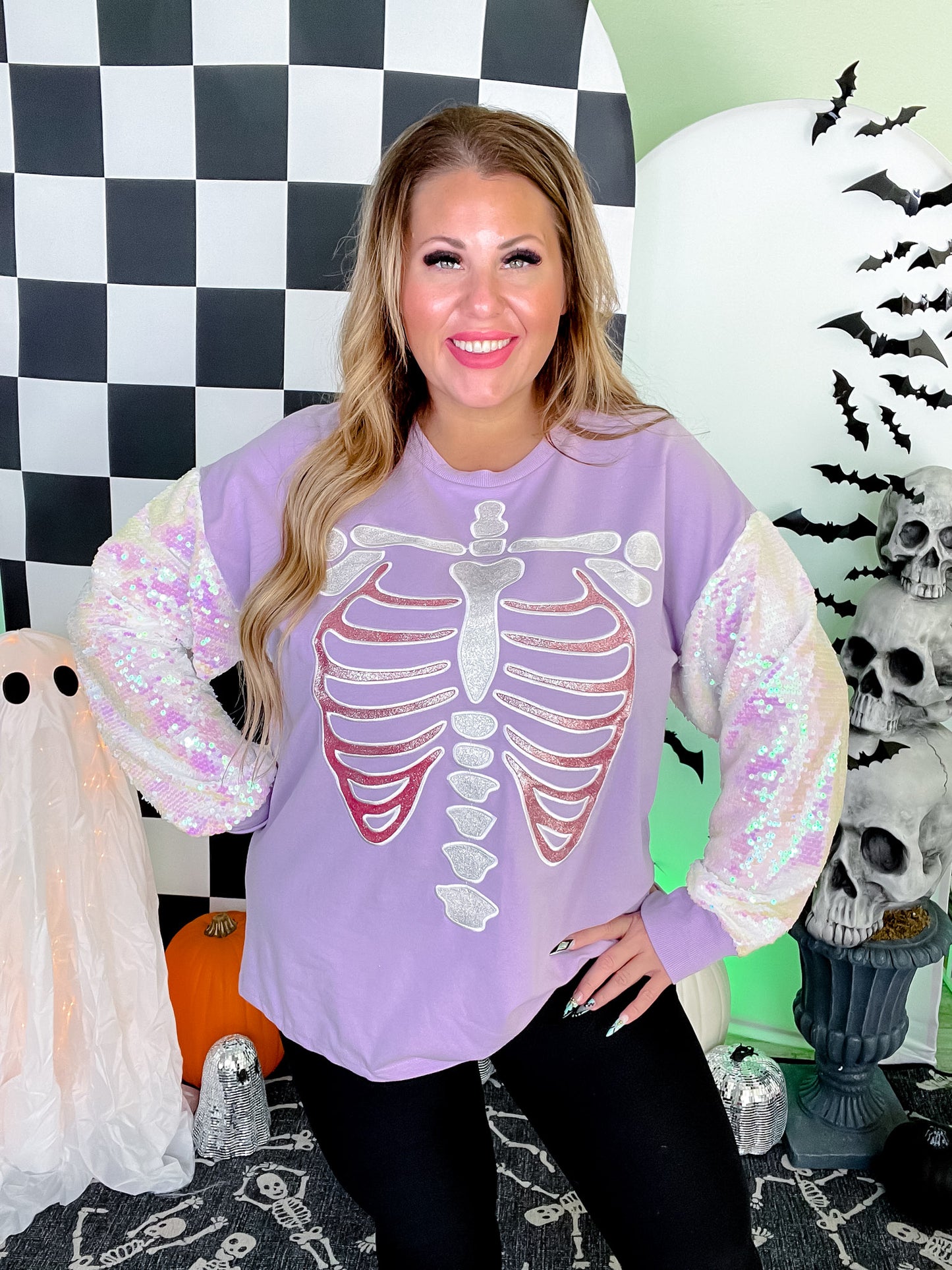 Long Sleeve Sequin Sleeve Glitter Skeleton Print Top
