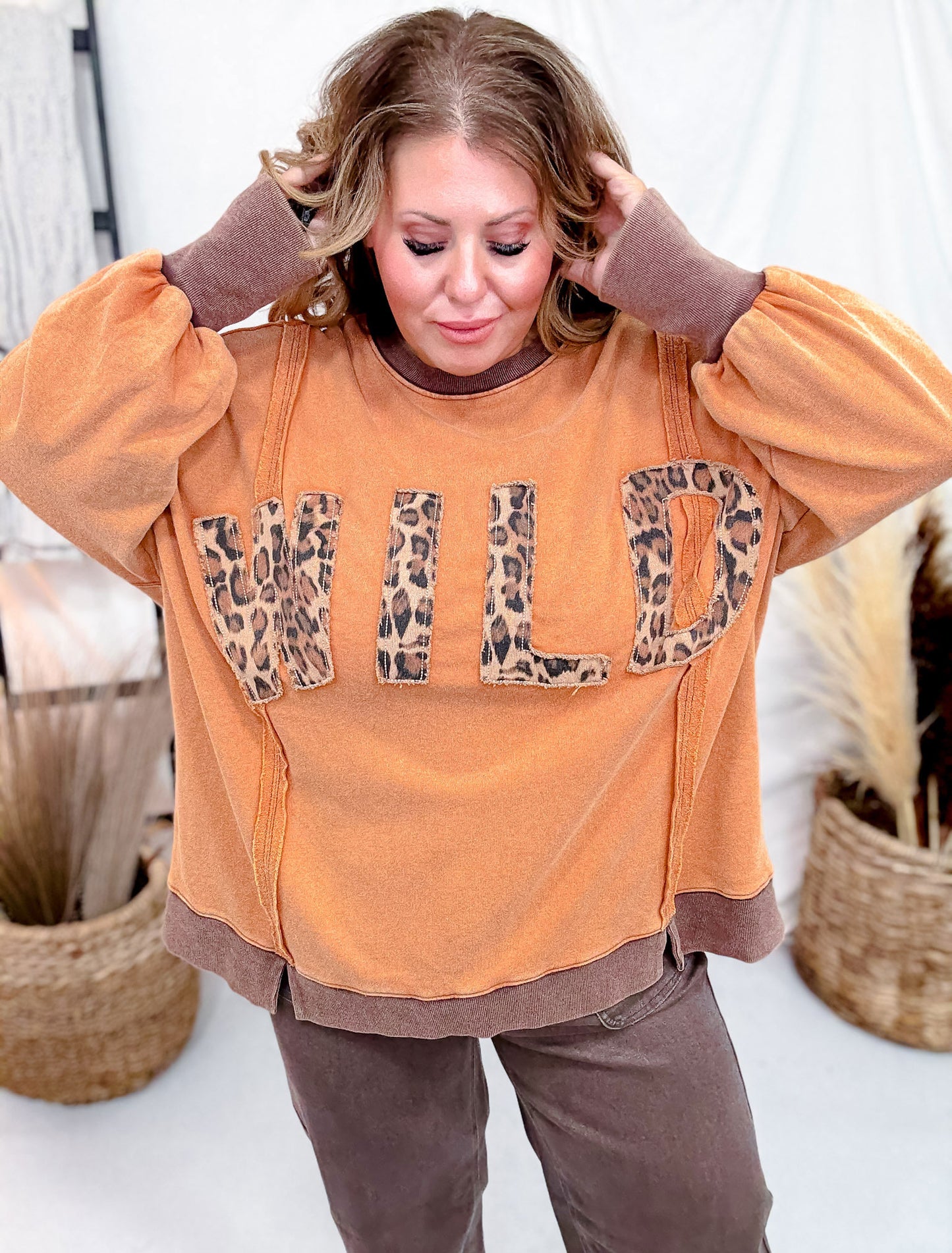 Orange And Leopard Print "Wild" Washed Terry Pullover
