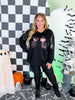 Long Sequin Sleeve Black Top W/ Poison Glasses Detail