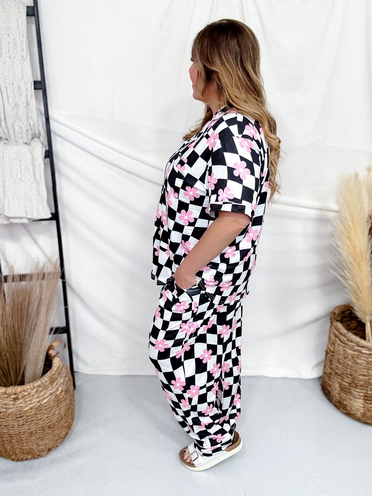 Pink Daisy Black & White Checkered Loungewear Set