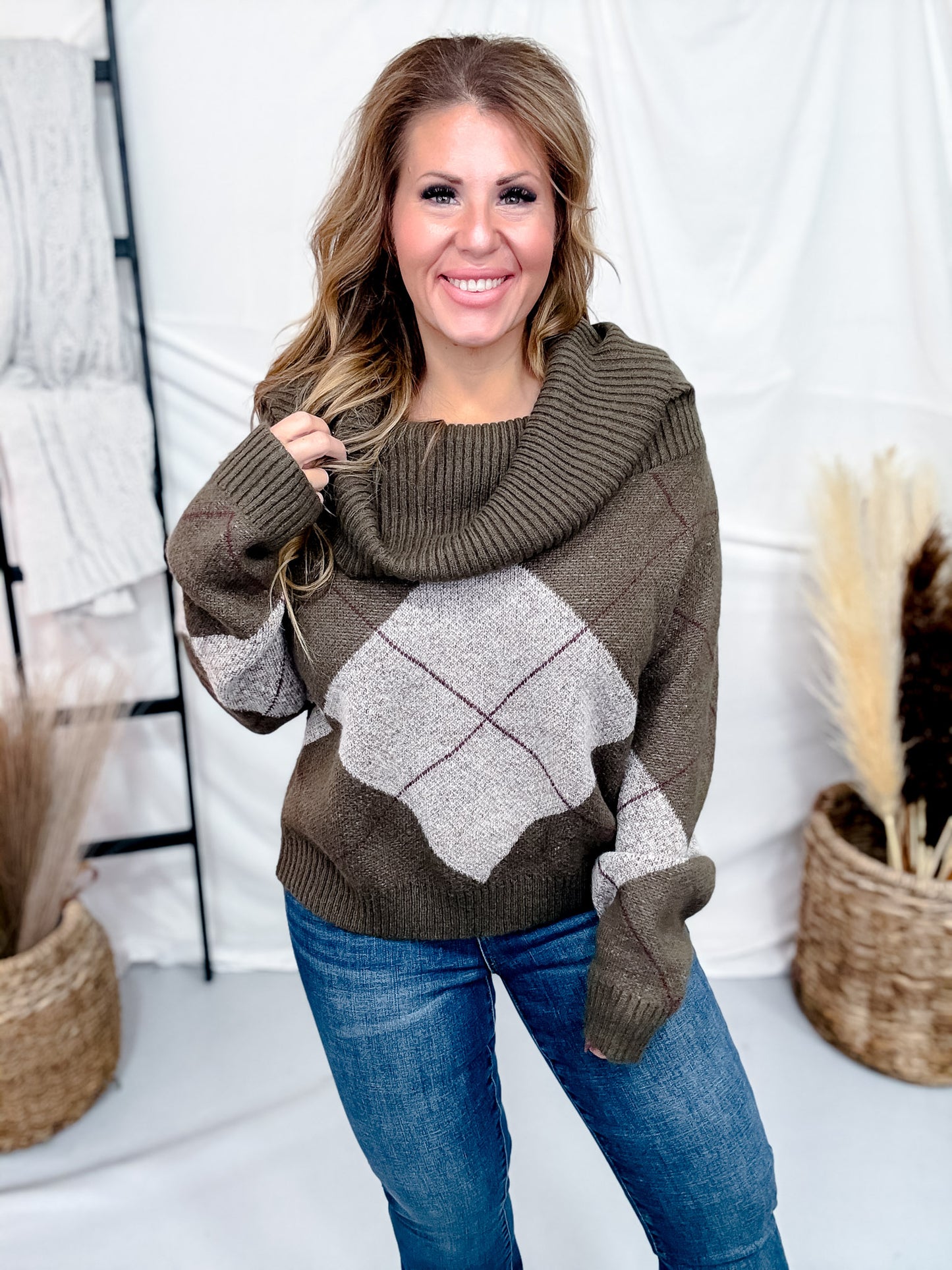 Olive Green Off The Shoulder Argyle Pattern Sweater