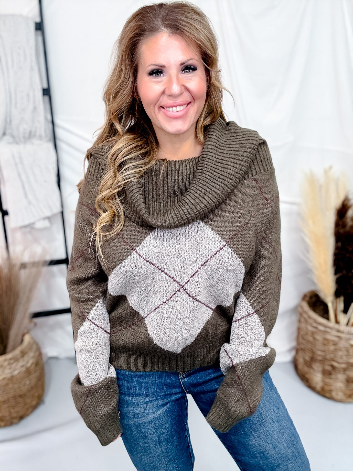 Olive Green Off The Shoulder Argyle Pattern Sweater