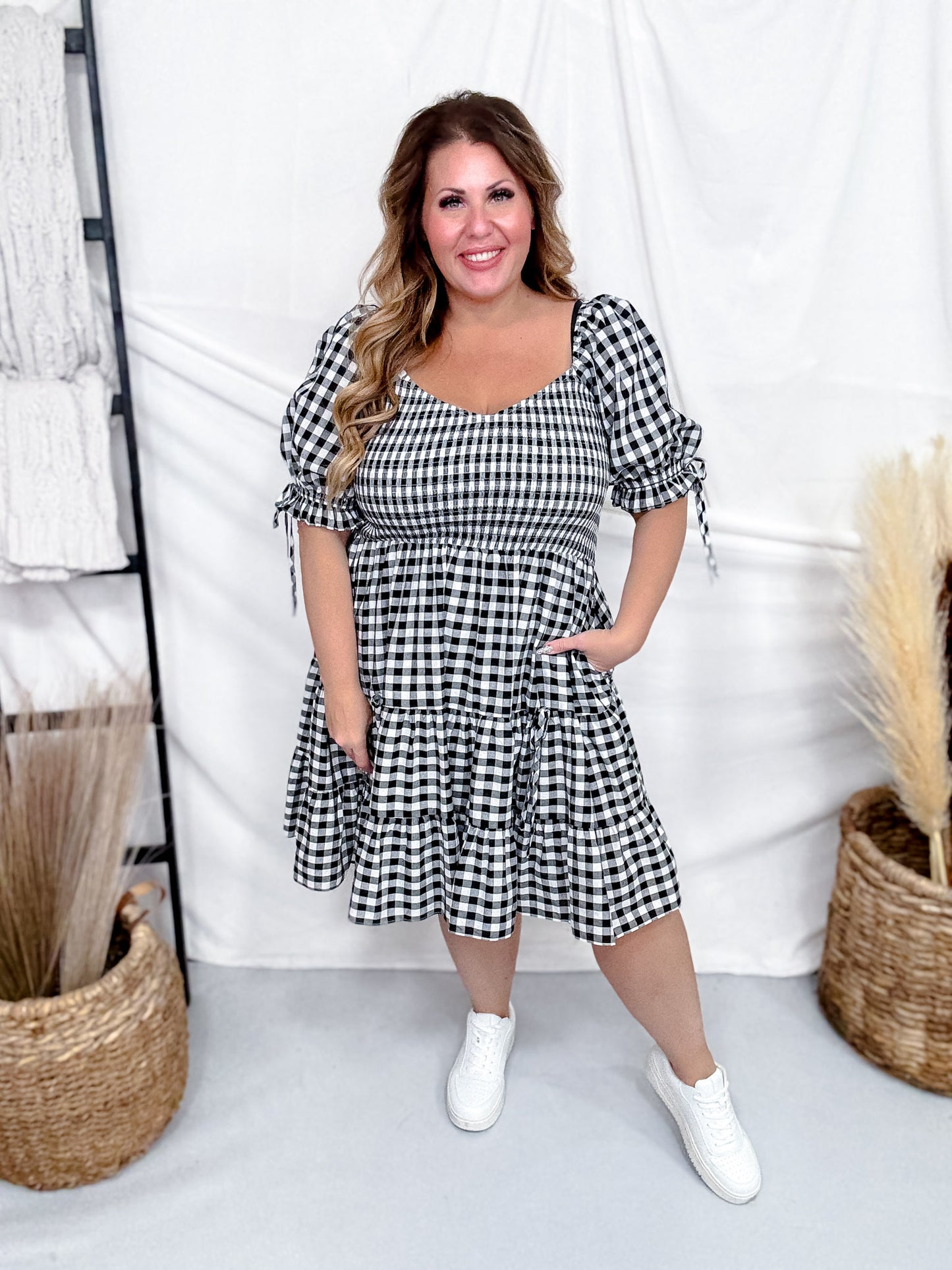 Black & White Gingham Puff Sleeve Midi Dress