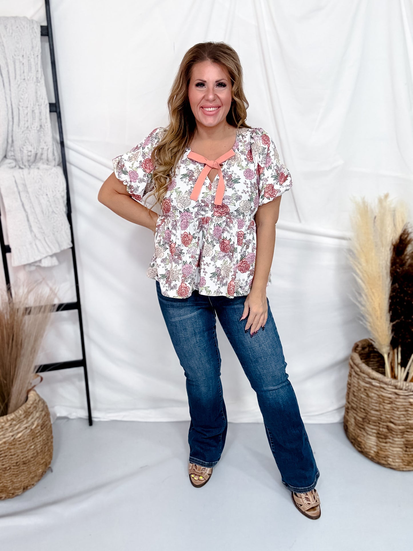 Floral Tie Neck Peplum Short Sleeve Top