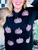 Black Long Sleeve Crew Neck Top W/ Glittery Pumpkin Patches