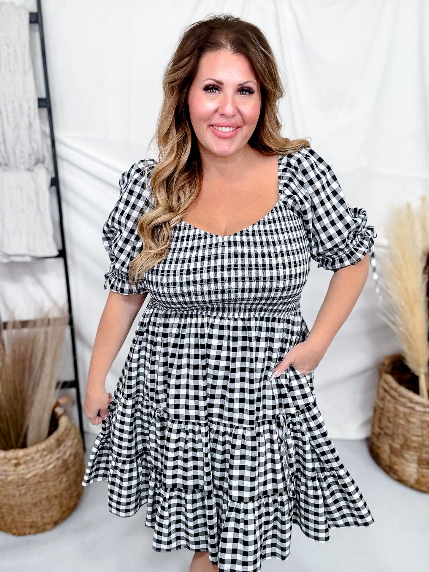 Black & White Gingham Puff Sleeve Midi Dress