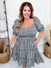 Black & White Gingham Puff Sleeve Midi Dress