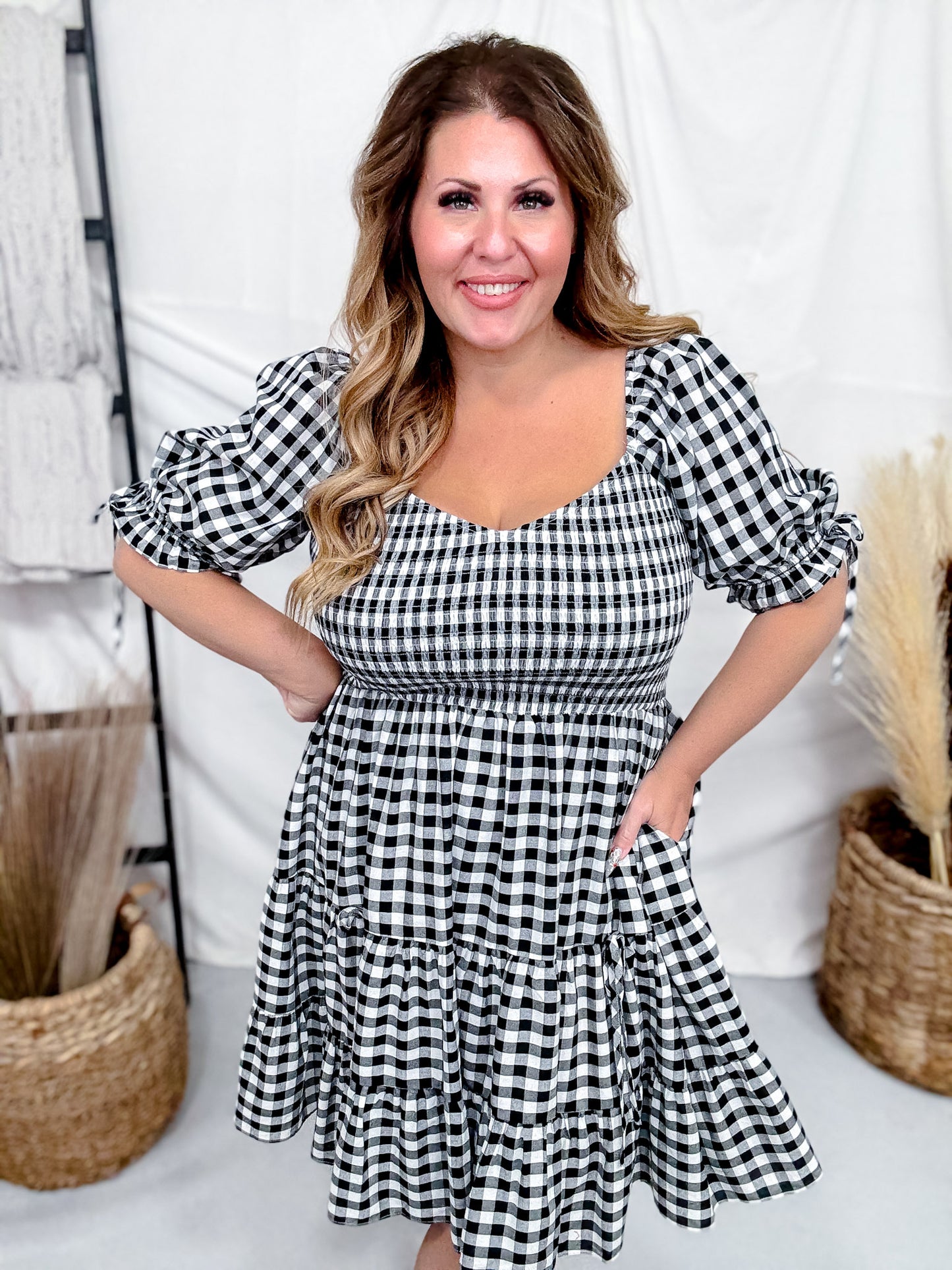 Black & White Gingham Puff Sleeve Midi Dress