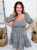 Black & White Gingham Puff Sleeve Midi Dress