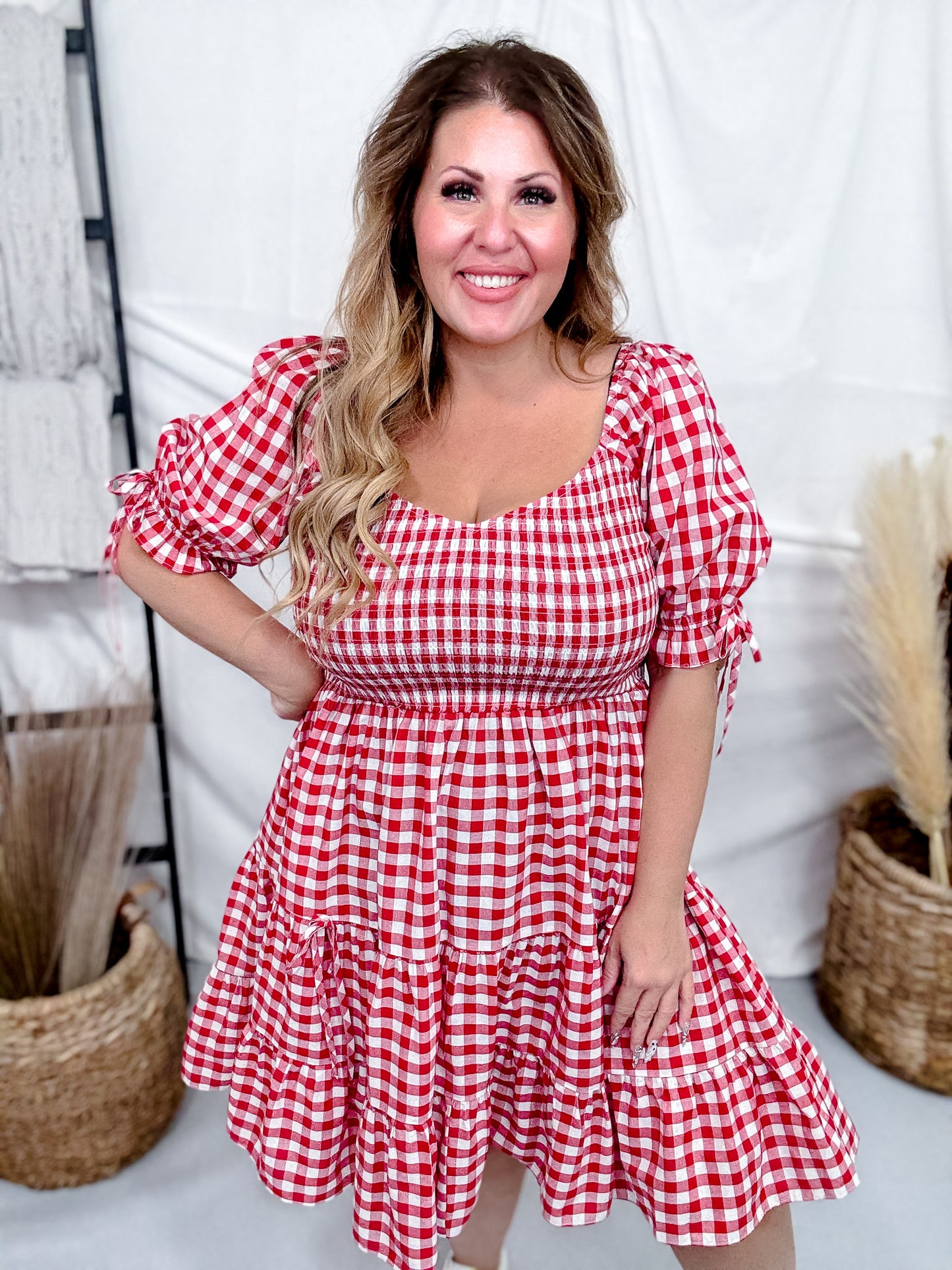 Red & White Gingham Puff Sleeve Midi Dress