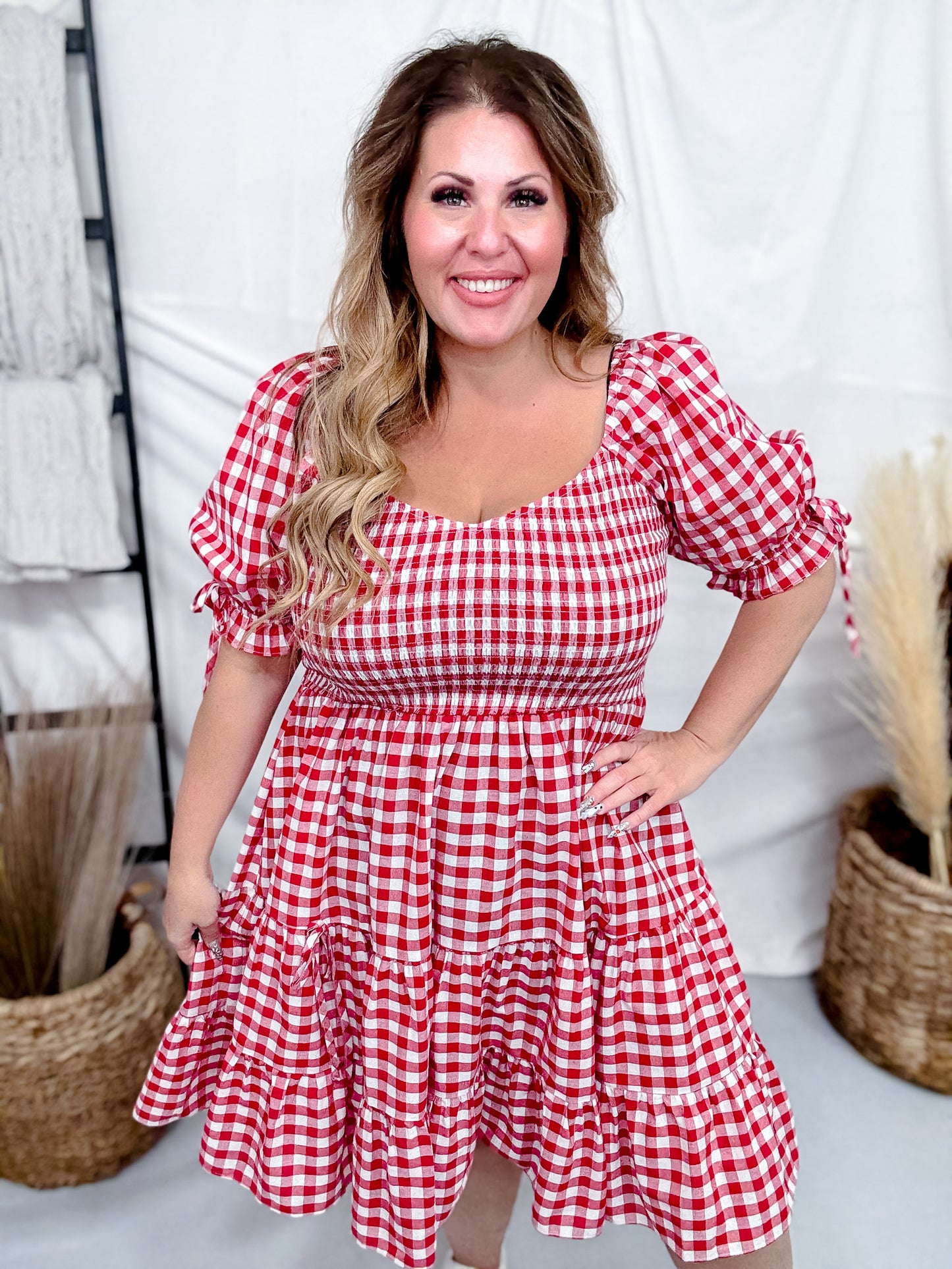Red & White Gingham Puff Sleeve Midi Dress