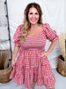 Red & White Gingham Puff Sleeve Midi Dress