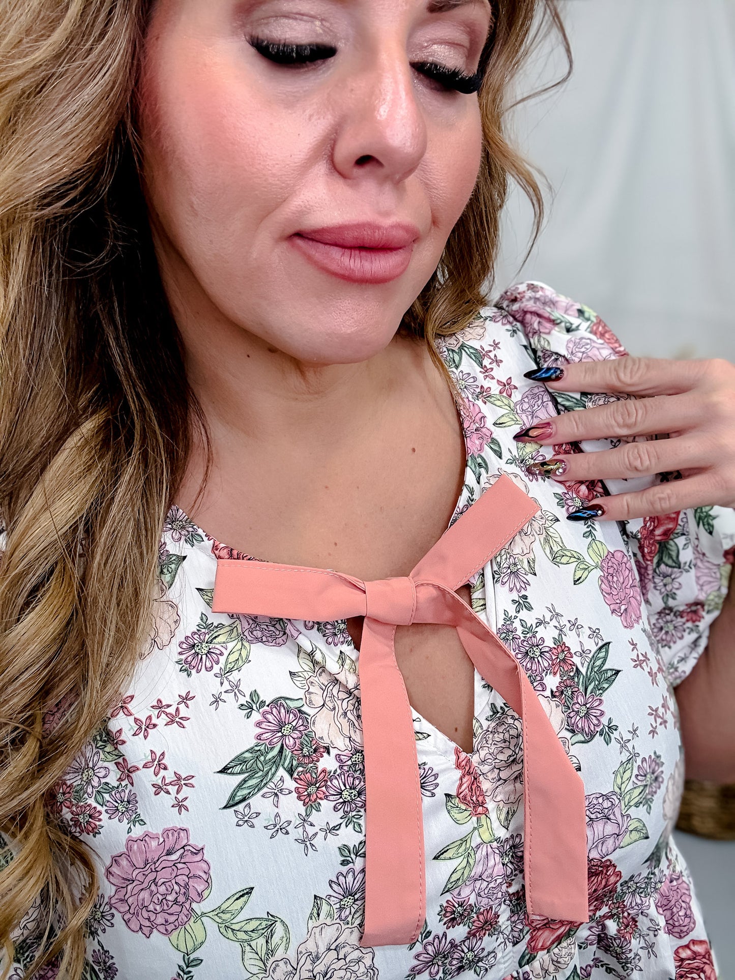 Floral Tie Neck Peplum Short Sleeve Top