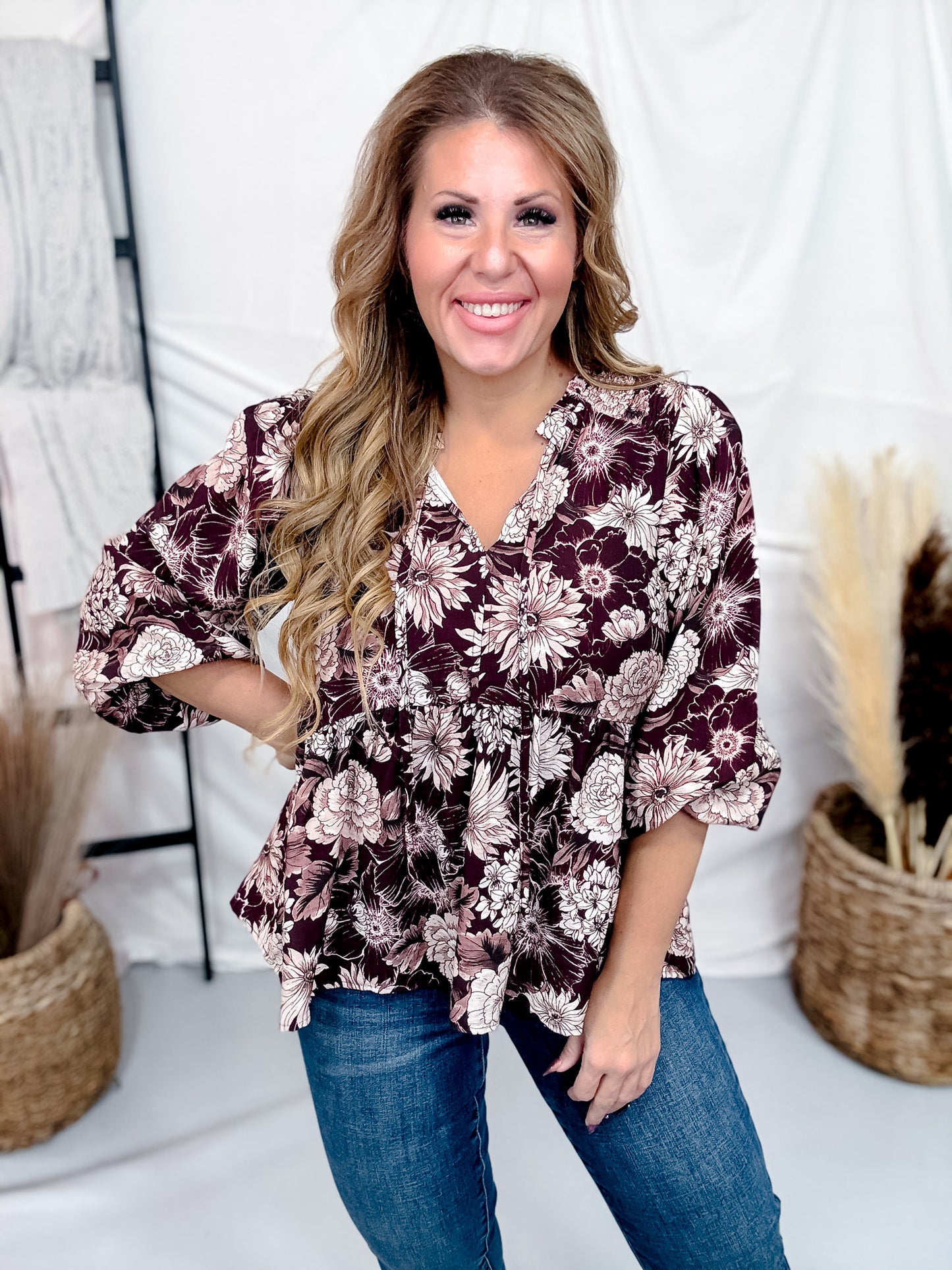 Floral Burgundy Babydoll Blouse With Tie-neck