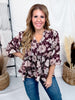 Floral Burgundy Babydoll Blouse With Tie-neck