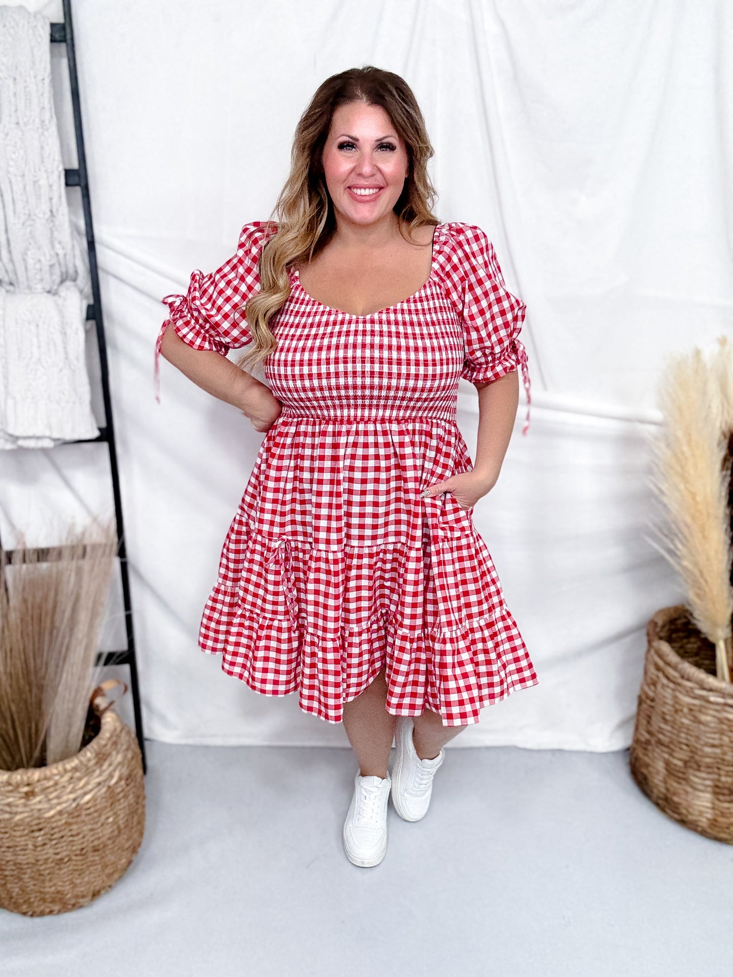 Red & White Gingham Puff Sleeve Midi Dress