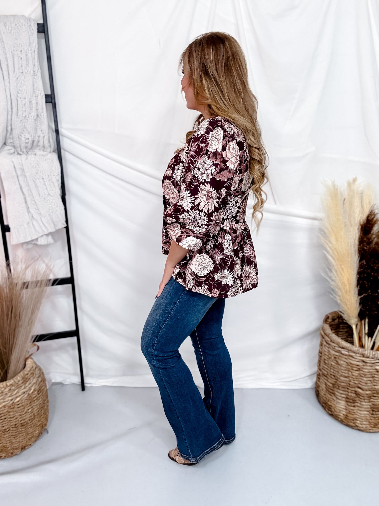 Floral Burgundy Babydoll Blouse With Tie-neck