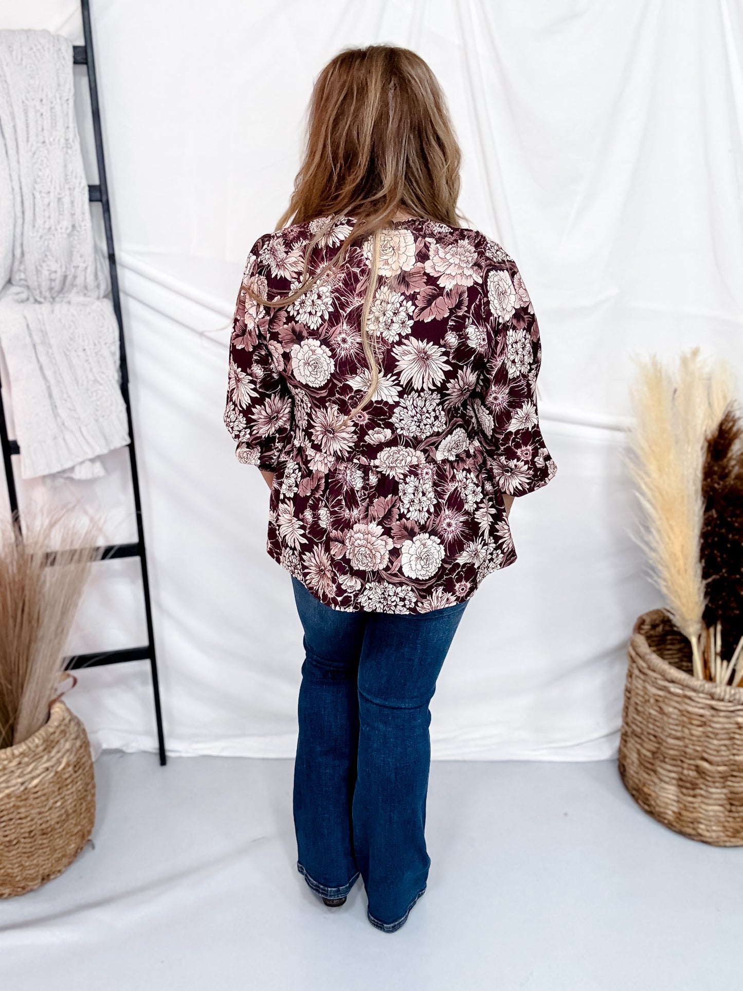 Floral Burgundy Babydoll Blouse With Tie-neck