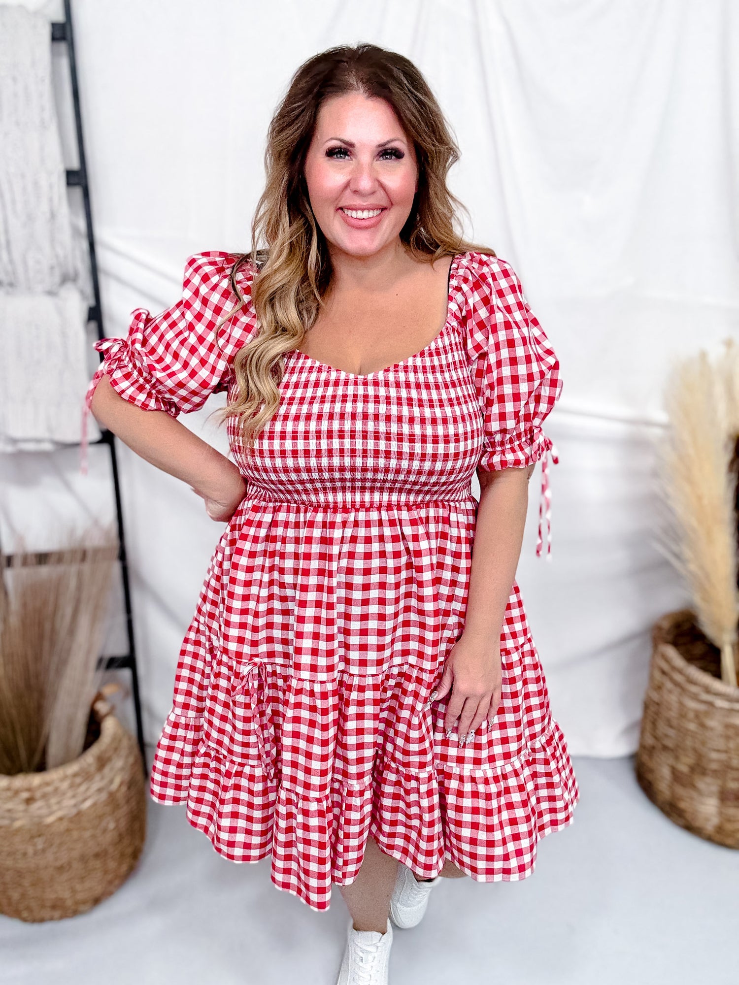 Red & White Gingham Puff Sleeve Midi Dress FINAL SALE